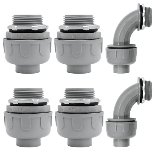 Wocloer 1-1/4 inch Liquid Tight Connector PVC Flexible Conduit Connector, 180 Degree and 90 Degree UL Listed, Non-Metallic Electrical Conduit Fittings 6 Pack(4 pcs 180D/2 pcs 90D)