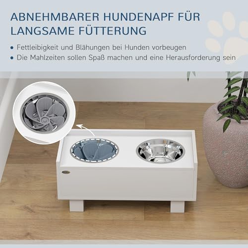 PawHut Hundenapf erhöht, Höhenverstellbar Futternapf für Hunde mit Stauraum, 2 x 1L Edelstahl-Schüsseln, Fressnapf mit Anti-Schling-Matte, für mittelgroße Hunde, Weiß