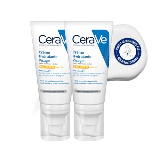 CeraVe - Crème Hydratante Visage SPF30 - Crème de Jour avec Protection UVB + UVA - Acide Hyaluronique, Céramide, Niacinamide, Vitamine E - Peau Normale à Sèche - 2 x 52 ml