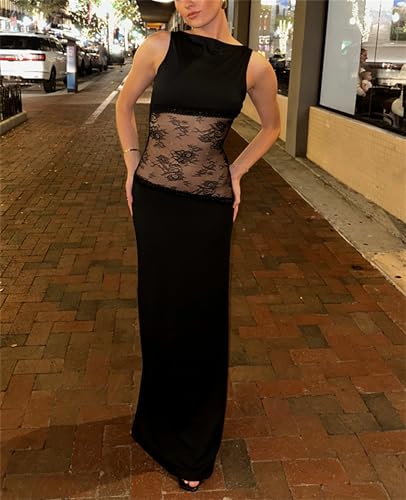 Women Sexy Hollow Out Maxi Dress Sleeveless Backless Lace Pachwork Bodycon Long Dress Y2k Going Out Party3