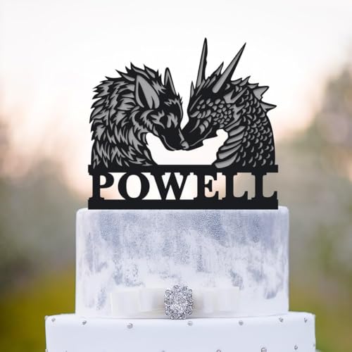 Wolf And Dragon Wedding Cake Topper,Dragon Cake Topper Wedding,Custom Dragons And Wolf Fairytale Weddings Toppe,Wolfs And Dragons Couple Silhouette Toppe.