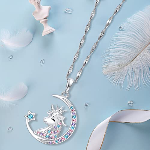 Unicorns Gifts for Girls Necklace: 925 Sterling Silver Crescent Moon Star Unicorn Necklace Cubic Zirconia Unicorn Little Girl Jewelry for Teen Girls & Women Dainty 18" Chain, Colorful4