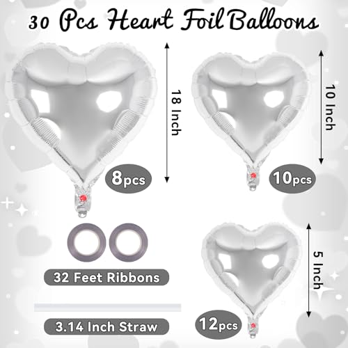 Image of 30 Pcs Silver Heart Balloons, 3 Sizes Heart Foil Mylar Balloon, Valentine Day Party Decorations, Love Balloon Valentine Balloons for Birthday Party Wedding Baby Shower