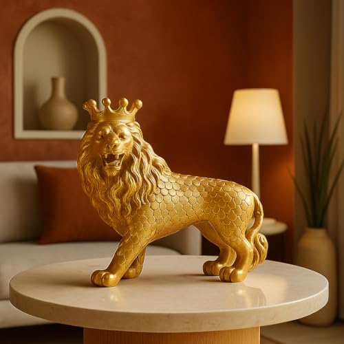 Image of Xtore Royal Gold Lion Figurine | Resin Home Decor Accent | Luxurious Art Piece for Living Room, Office, or Shelf | Symbol of Power and Majesty - Gold Finish