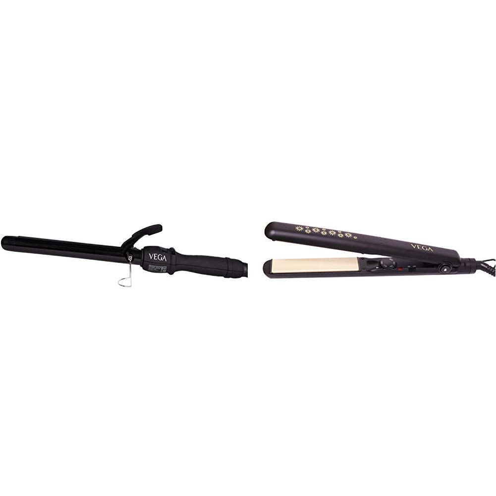VEGA VHCH-04 Long Curl Hair Curling Iron (Multicolour) & VEGA Keratin Glow Hair Straightener(VHSH-20), Black