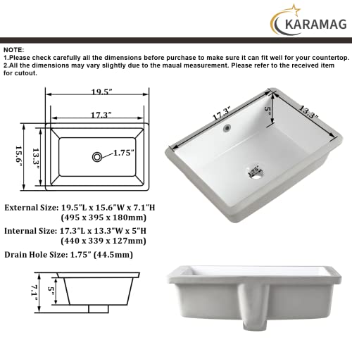 20 Inch Undermount Bathroom Sink Rectangle Undermount Sink White Ceramic Under Counter Bathroom Sink With Overflow (19.5"X15.6") #TOP5