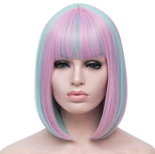 Purple Blue 2 Tone Bob Wig & 1 Hair Net, Short Straight Unicorn Mermaid Costume Cosplay Wigs, Women's Rose Net Synthetic Colorful Hair, for Halloween, Christmas, School Dance Party; WIG7F