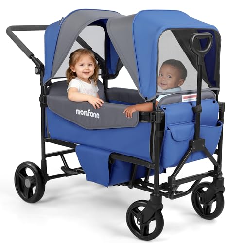 MOMFANN Stroller Wagon for 2 Kids,Foldable Wagon Stroller with Canopy, All-Terrain Parent Organizer, Adjustable Handle & Pull Bar Baby Wagon for Infants and Toddlers, Lavender Blue