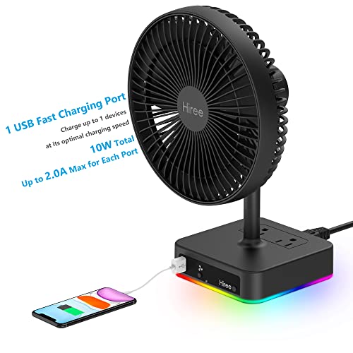 Hiree Desk Fan With Usb Charging Port, 2 Speeds 6.7 Inch Small Desktop Table Fan With 2 Ac Outlets And Led Lights, Strong Wind, Quiet Operation - Personal Fan For Home, Dorm Room, Office #TOP2