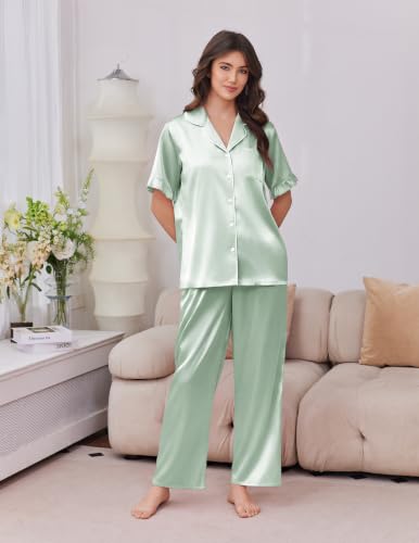 Image of Ekouaer Silk Satin Pajamas for Women Set 2 Piece Short Sleeve Button Up Pjs | Two Side Pockets,Soft Bridesmaid Lounge Set,Bridal Ruffle Sleepwear,Wedding Party,Honeymoon Vacation,Postpartum