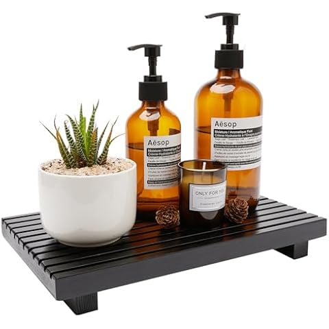 Renawe Black Bathroom Counter Tray Organizer Wood Riser Stand Kitchen Countertop Trays Wooden Pedesta Display Dish Soap Dispenser Holder for Bathroom Decor Sink Accessories Vanity Tray Cover