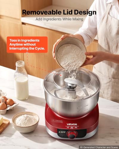 Image of VEVOR 5.3 Qt Electric Dough Maker 500W Stand Mixer Removable Lid, Stepless Speed Adjustment Food Kitchen Mixer with Stainless Steel Bowl, Dough Hook, Whisk, Beater, for Pizza Bread Pasta Mochi
