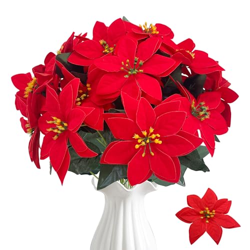 ROLLWAY 3 Stück Weihnachtsstern Künstlich Weihnachtsblumen Rot,...