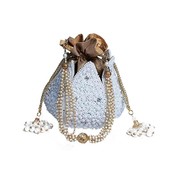 SWISNI Women's Pearl White Lotus Potli Bag | Raw Silk | Best for gifting on and Christmas | Bridal Ethnic Potli Bag for party wedding special occasions 55 Inch