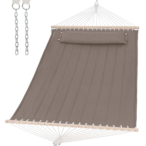 Image of SUNCREAT Double Quilted Hammock with Hardwood Spreader Bar, Extra Large Soft Pillow, Heavy Duty 2 Person Hammock for Indoor, Outdoor, Brown