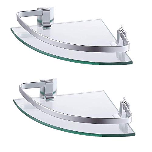 KES Estante de cristal templado para baño con riel extra de 8 mm de grosor, 2 niveles, aluminio anodizado, triángulo triángulo de almacenamiento, montaje en pared, A4120A-P2-P