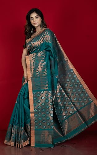 Bengal looms India Weaves of Elegance teal tussar silk saree in tussar silk – image 3