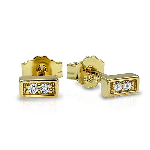 14k Yellow Gold Plated 925 Sterling Silver Cubic Zirconia Tiny Dainty Bar Stud Earrings