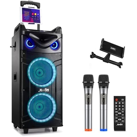 Moukey Karaoke Machine, Double 10" Woofer PA System for Party, Portable Bluetooth Speaker with 2 Wireless Microphone, Disco Lights and Echo/Treble/Bass Adjustment, Support TWS/REC/AUX/MP3/USB/TF/FM Cover