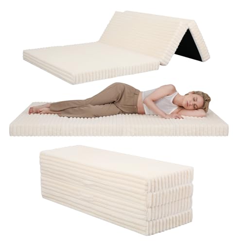 MeMoreCool Colchón plegable doble, 190 x 135 cm, colchón de futón plegable de espuma de alta densidad con funda lavable, tapete portátil para dormir para invitados, viajes, camping, beige