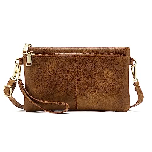 Sac à bandoulière léger à triple fermeture éclair en cuir végétalien marron