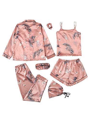 Shein Women's 7Pcs Pajama Set Cami Pjs With Shirt And Eye Mask Pink Crane Medium #TOP1
