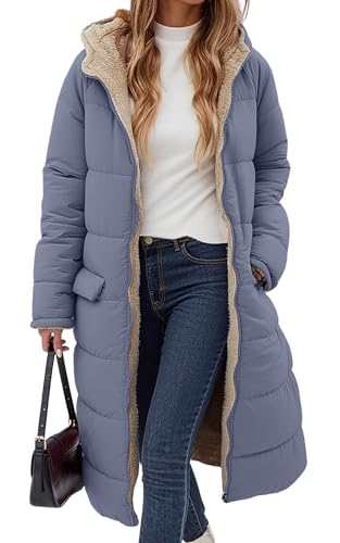 ECOWISH Women Winter Puffer Jacket - Reversible Fur Fleece Lined Hood Zip Sherpa Coat Parka Padded Long Outerwear Gray Blue Large