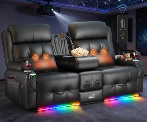 Image of Home Theater Seating, Power Loveseat Recliner Sofa with Massage & Heat, Wall Hugger Reclining Loveseat with USB, RV Couch with LED Lights, Flip Backrest, Cup Holders for Movie Theater & Gaming Room