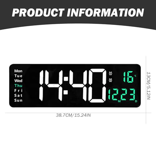 Horloge murale numérique 16 pouces avec température et date vert - 6