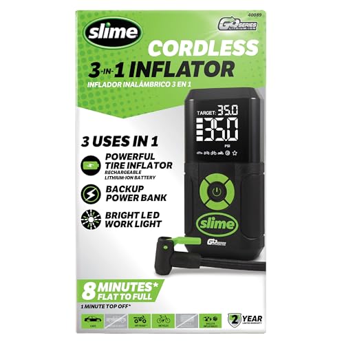 Image of Slime 40089 Cordless 3-in-1 Tire Inflator w /Power Bank & LED Light, Auto Shut-Off, Digital Display & 6 Presets, Flat to Full in 8 Mins, Car, Bike, Motorcycle & More
