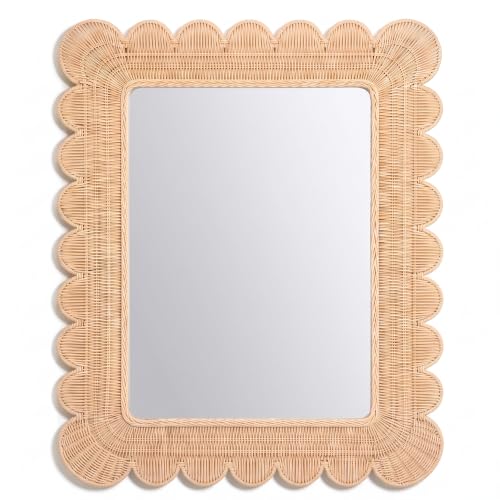 Image of Small Scalloped Rattan Wall Mirror 23 inch x 17 inch Decorative Mirror | Decorative Natural Rattan Wall Wavy Mirror, with Handwoven Frame, for Bathroom, Living Room, Entryway Decor