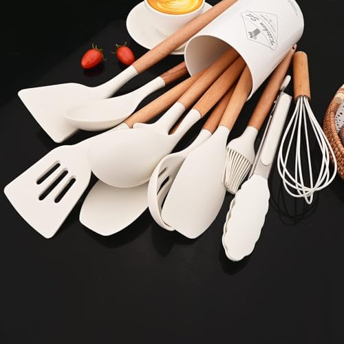 Set di utensili da cucina in silicone antiaderenti, resistenti al calore e lavabili in lavastoviglie, ergonomici e sicuri per alimenti, con pratico porta utensili. - immagine 4