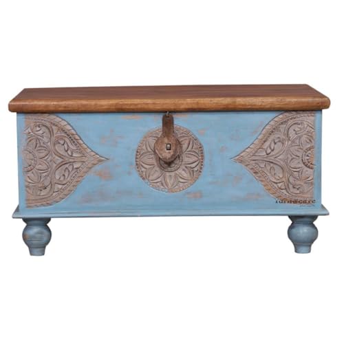 Image of Devin Wooden Trunk Box for Storage | Solid Wood Coffee Table for Living Room | Center Coffee Table with Storage | Front Wooden Carved Sandook Pitara for Home Decor & Bedroom (Blue Distress)