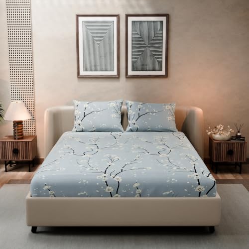 Image of BLISSHOME SoftTouch 140TC Cotton King Size Fitted Bedsheet with 2 Pillow Covers, Silky Smooth Bedding Set, Breathable, Easy Maintain, Floral Print - Grey, White (182cm x 198cm x 25cm Drop)