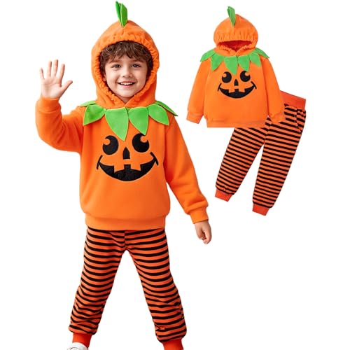 Pumpkin Costumes for Kids, Toddler Girls Boys Pumpkin Costume, Plush Hoodie for Children Pumpkins Outfit, Kids Pumpkins Costume Sweatshirt with Striped Pants Set, Kid Gift for Christmas (2-6 Years)