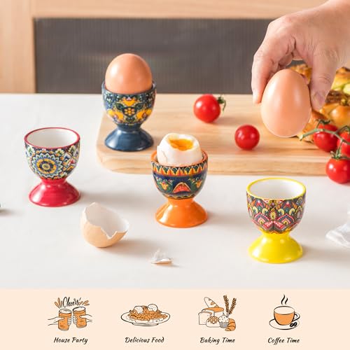 Image of Henten Home Boho Ceramic Egg Cups, Colorful Egg Holder Set of 6 | for Soft Boiled Egg, Breakfast, Serving, Easter, Dishwasher & Microwave Safe