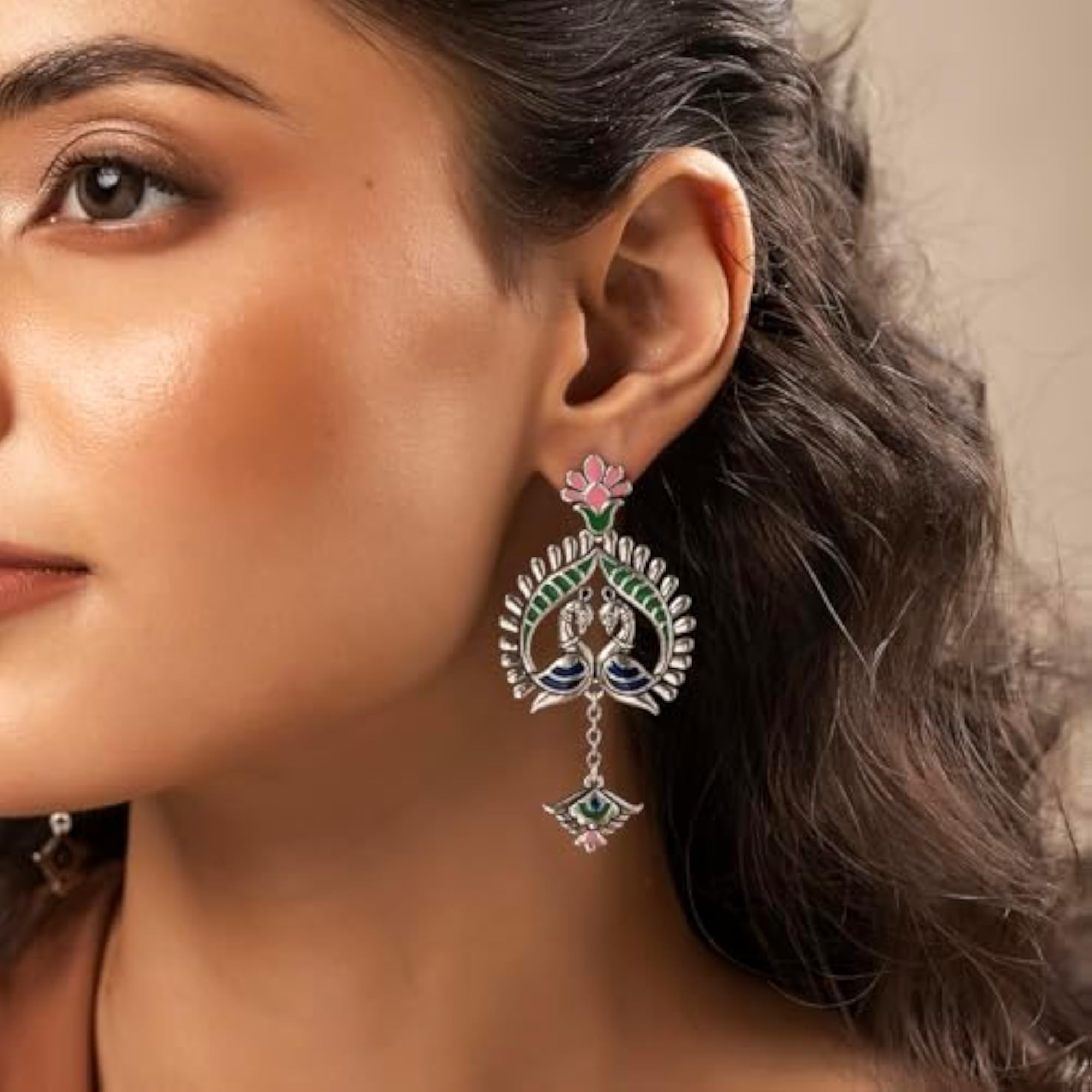 Madhubani Peacock Pratha Oxidised Enamel Earrings for Women