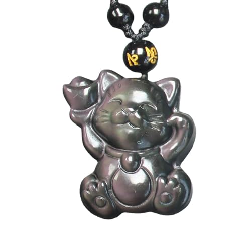 Natural crystal Ice black obsidian necklace Amulet pendant with adjustable chain for men women (fortune lucky cat)