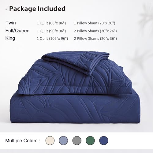 EXQ Home Quilt Set Full Queen Size Navy 3 Piece,Lightweight Soft Coverlet Modern Style Leaf Pattern Bedspread Set(1 Quilt,2 Pillow Shams)