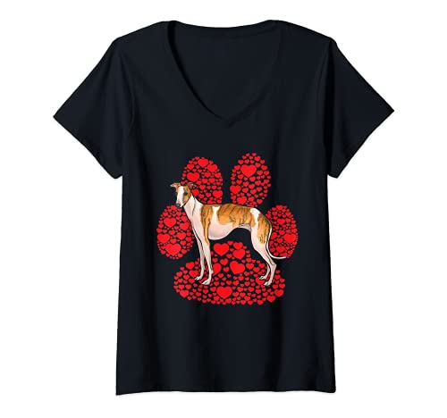 Womens Whippet Valentines Day Dog Love Paw V-Neck T-Shirt, Black