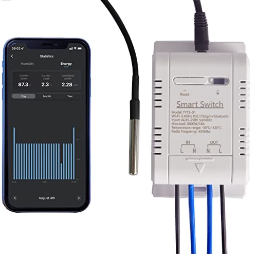 WiFi Temperatura Sensor,Switch Module Monitoring WiFi Controller Smart Home Control Remoto 16A vía Tuya Alexa Google Home medición de la Potencia (TH16+D -S18B20)
