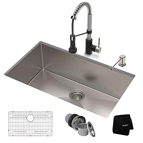 Super Sale 🛒 Kraus KHU100-30-1610-53SSMB Set with Standart PRO Sink and Bolden Commercial Pull Faucet in Stainless Steel Matte Black Kitchen Sink & Faucet Combo, 30 Inch