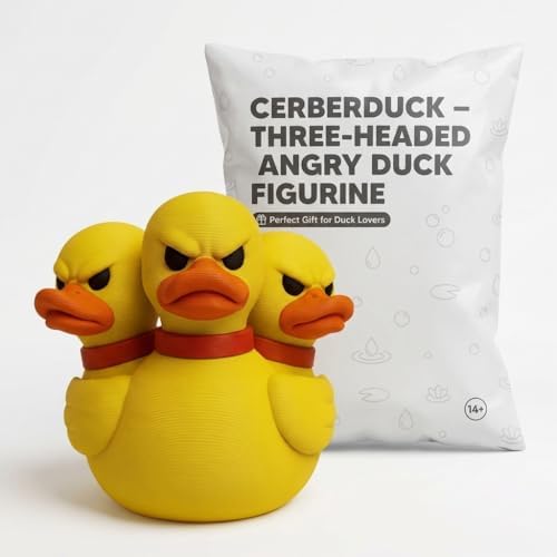 Cerberduck Three-Headed Angry Duck Figurine - Striking Yellow Collectible Desk Decor for Unique Gifts and Office Accent - 3D Printed in Canada image 4
