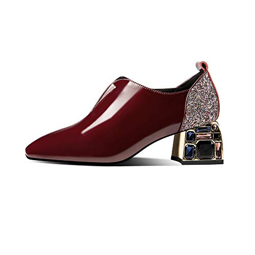 TinaCus Patent Leather Women's Handmade Classic Square Toe Mid Chunky Heel Slip On Glitter Loafer Pump Shoes with Rhinestone2