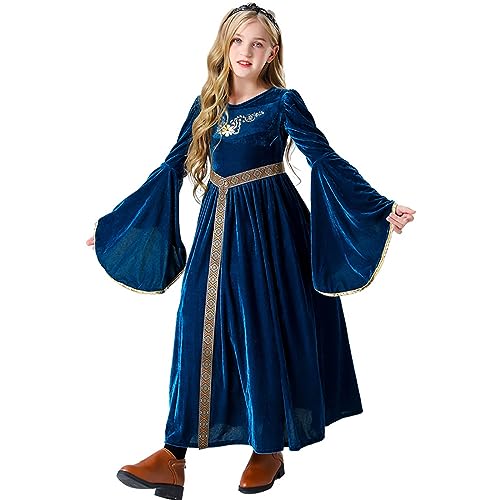 Mjjsk Vestido de princesa renacentista para niñas, disfraz histórico de la Semana del Libro para Halloween, fiesta medieval, vestido de terciopelo, azul, 5-6 Años