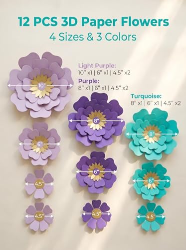 Image of Teal Purple Paper Flower for Wall Turquoise Green Lavender Lilac Mermaid Birthday Party Wedding Bridal Baby Shower Party Decoration Pack of 12