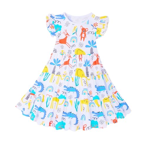 Image of HILEELANG Girls Cotton Tiered Dress Flutter Ruffle Sleeve Summer Swing Sundress Birthday Party Casual Outfit Colorblock 2-12Y