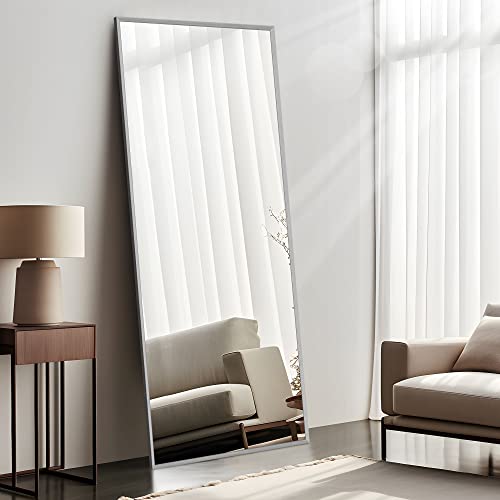 Image of NeuType 47 inchx16 inch Full Length Mirror with Standing Holder Aluminum Alloy Frame Floor Mirror Wall-Mounted Mirror for Living Room, Bedroom, Hanging or Leaning Against Wall, Silver (with Stand)