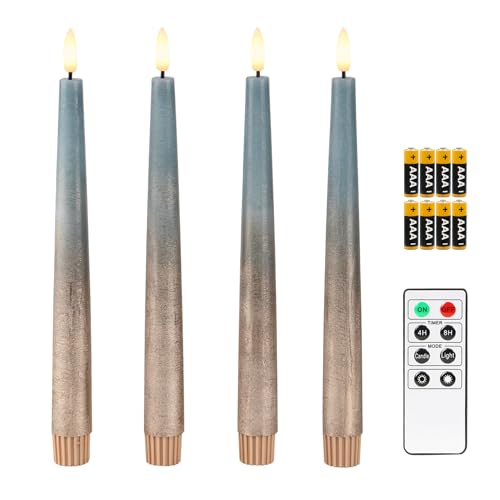 Fanna 4 Echtwachs Led Stabkerzen mit Fernbedienung, Rustikale Flammenlose Spitzkerzen mit Timer für Weihnachten Dekorationen und Adventskranz - H 24,5cm - Blau/Kupfer