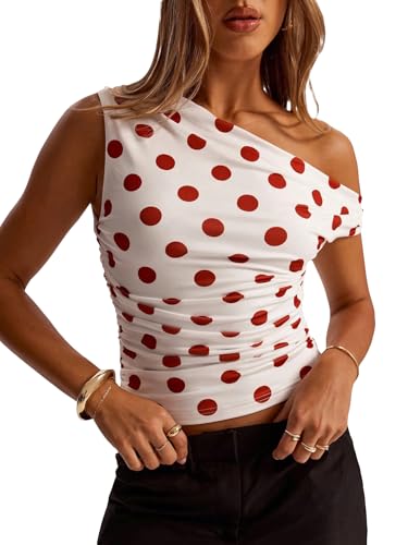KIGRAD Women Y2k Vintage Polka Dot Asymmetrical Off Shoulder Ruched Crop Tank Tops Slim Fitted Sleeveless Cute Shirts